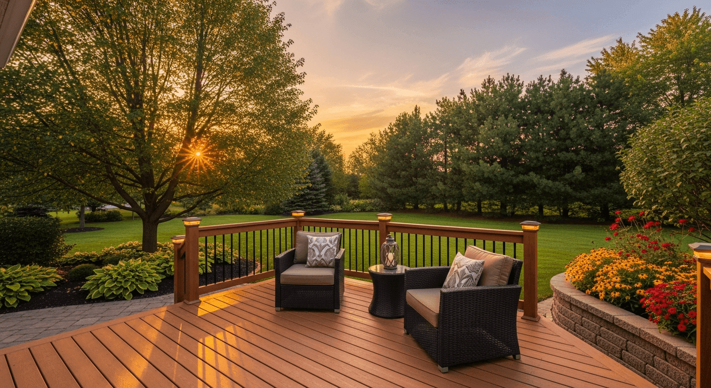Custom deck with evening lighting