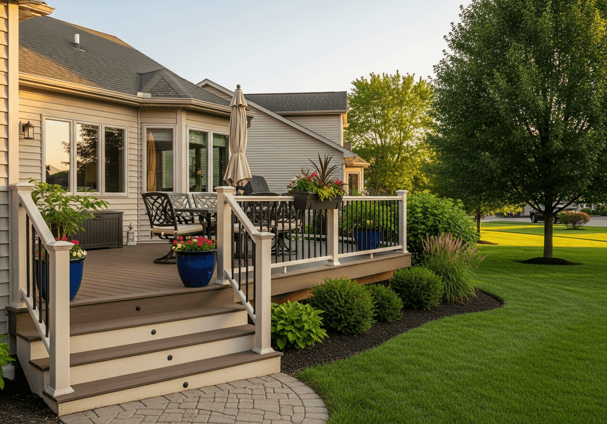 Custom composite deck with seating area and outdoor furniture
