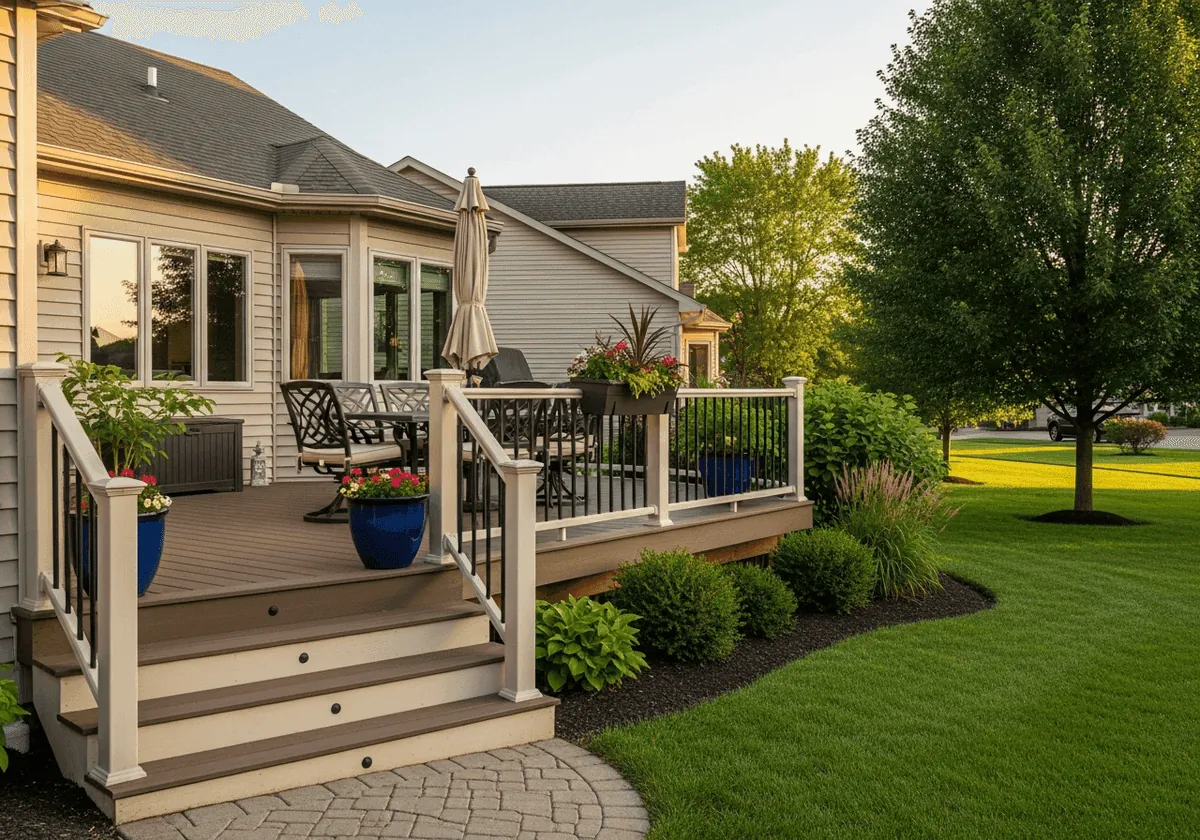 Custom composite deck with seating area and outdoor furniture